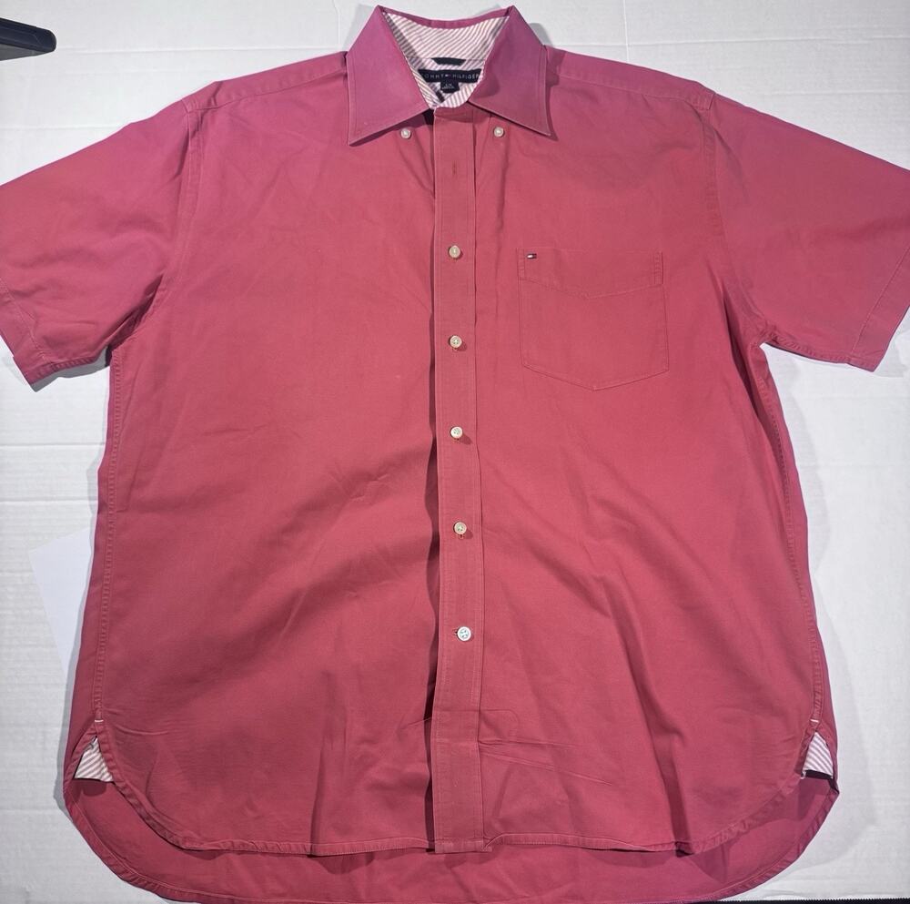 Tommy Hilfiger Men's L Pink Solid Woven Cotton Short Sleeve Button-Up Pockets
